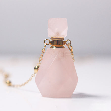 Natural Rose Quartz Perfume Bottle Pendant Necklace with Brass Chains BOTT-PW0001-057B-01-1