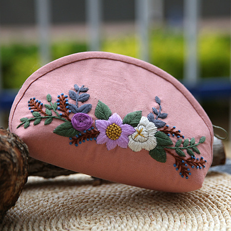 DIY Flower Pattern Moon-shaped Cosmetic Bag Embroidery Beginner Kit PW22112421248-1