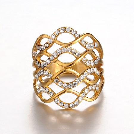 Criss Cross Ring Golden Tone Chic Lady's 316 Stainless Steel Rhinestone Wide Band Finger Rings RJEW-J066-71-17mm-1