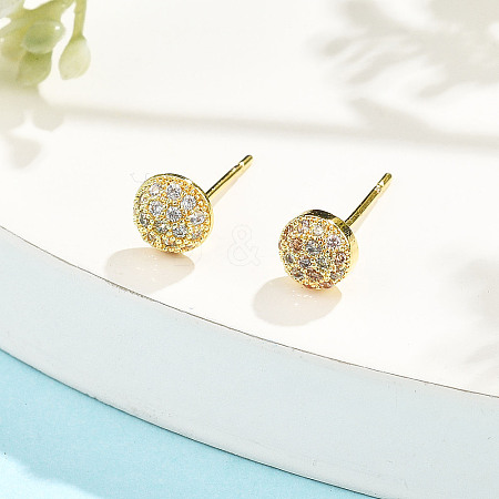 Flat Round Brass Micro Pave Clear Cubic Zirconia Stud Earrings EJEW-H162-05G-1