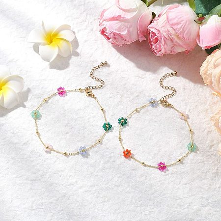 Brass & Glass Beaded Flower Link Chains Anklets AJEW-AN00730-1