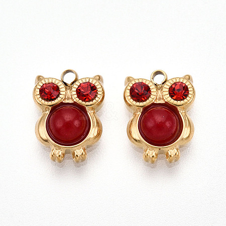 Natural Red Jasper and Ruby Rhinestone Owl Charms STAS-T064-66G-1