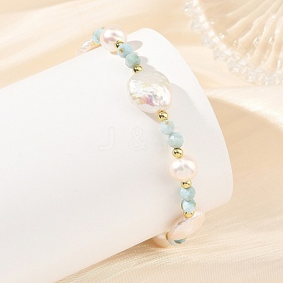 Faceted Round Natural Larimar and Keshi Pearl Coin Beaded Bracelets BJEW-JB14469-1
