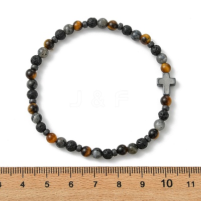 Natural Lava Rock & Tiger Eye & Synthetic Non-magnetic Hematite Beaded Stretch Bracelets for Women Men BJEW-JB13943-1