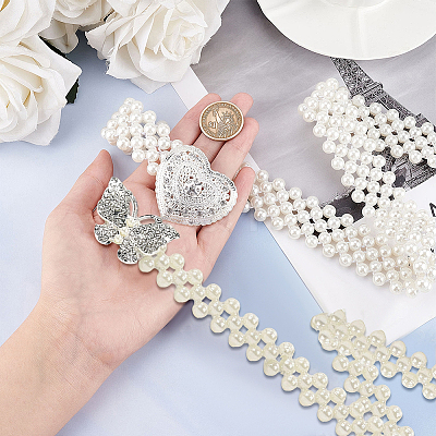 2Pcs 2 Style ABS Plastic Pearl Braided Stretch Chain Belts with Alloy Oval Clasp AJEW-CP0001-66-1