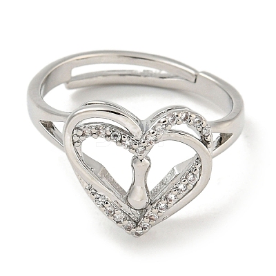 Heart with Letter Rack Plating Brass Micro Pave Clear Cubic Zirconia Adjustable Rings for Women RJEW-I105-01P-I-1