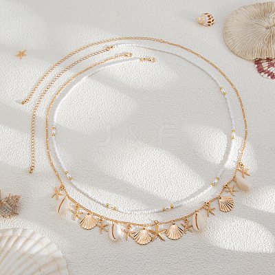 Summer Beach CCB & Faux Shell Tassel Glass Seed Beaded Double Layer Waist Chains WG83327-02-1