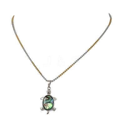 Natural Paua Shell 304 Stainless Steel Tortoise Pendant Two Tone Box Chain Necklaces for Women NJEW-JN06190-1