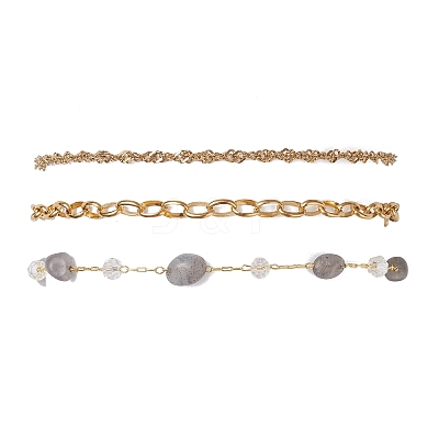 Natural Morganite Nuggets & 304 Stainless Steel Link Chain 3 Layer Anklets for Women AJEW-AN00743-02-1