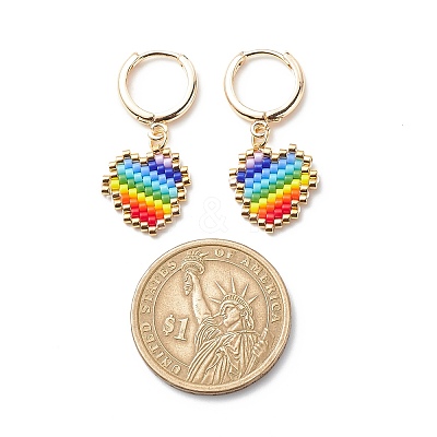 Rainbow Color Japanese Seed Braided Heart Dangle Hoop Earrings EJEW-MZ00004-1