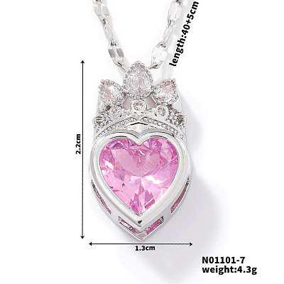 Fashionable Brass Cubic Zirconia Crown Heart-Shaped Pendant Dapped Chain Necklaces for Women SM2288-7-1