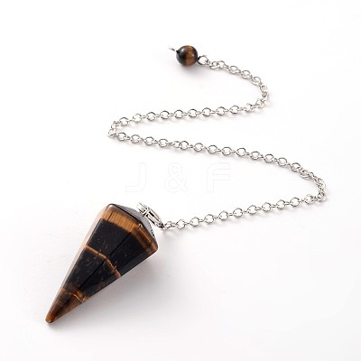 Platinum Tone Brass Tiger Eye Cone Hexagonal Pointed Dowsing Pendulums MAK-M015-01D-1