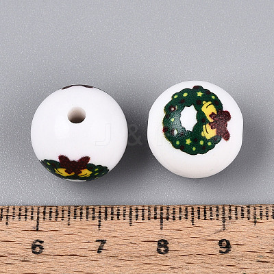 Christmas Printed Opaque Acrylic Round Beads OACR-T029-08E-1