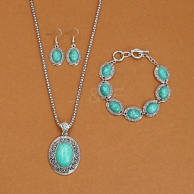 Oval Alloy with Synthetic Turquoise Pendant Necklaces & Dangle Earrings & Link Bracelets Sets WGD1135-09-1