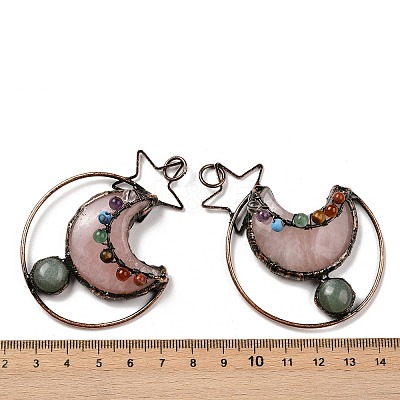 Natural Green Aventurine & Rose Quartz Brass Star Moon Big Pendants G-H316-01R-03-1