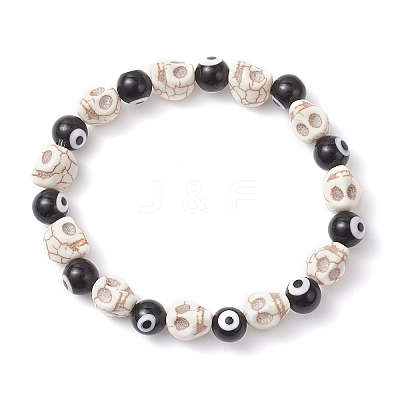 4Pcs 4 Colors Halloween Dyed Synthetic Turquoise Skull & Lampwork Evil Eye Round Beaded Stretch Bracelet Sets for Women Men BJEW-JB12268-1
