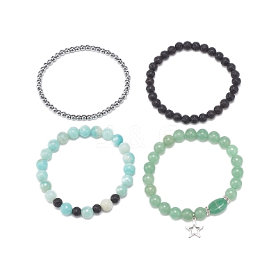 4Pcs 4 Style Natural Green Aventurine & Lava Rock & Synthetic Hematite Stretch Bracelets Set BJEW-JB08481-1