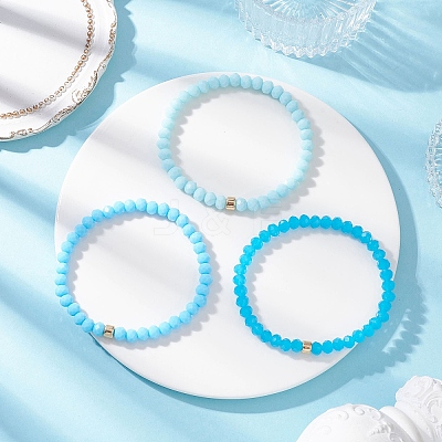 3Pcs Faceted Imitation Jade & Opaque Glass Rondelle Beaded Stretch Bracelets for Women BJEW-JB12563-01-1