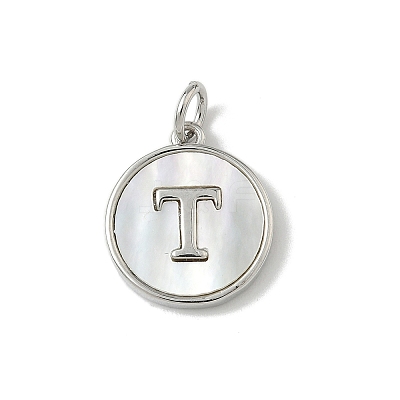 Brass Pave Natural Shell Flat Round with Letter Charms KK-Z115-13P-T-1