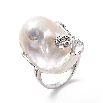 Natural Pearl Nugget with Cubic Zirconia Leaf Open Cuff Ring RJEW-P033-02P-02A-1