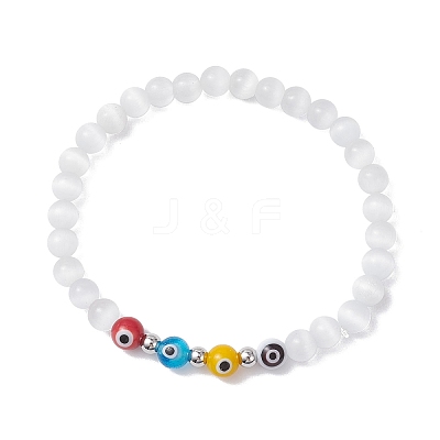 Cat Eye & Handmade Evil Eye Lampwork Round Beaded Stretch Bracelets for Women BJEW-JB12289-03-1