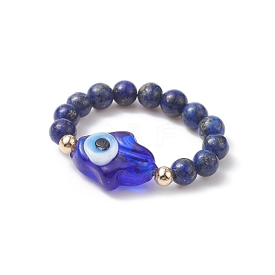 Natural & Synthetic Mixed Gemstone & Evil Eye Lampwork Beaded Stretch Rings RJEW-JR00573-1