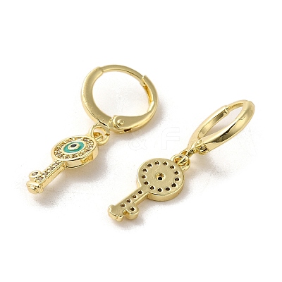 Key with Evil Eye Golden Brass Dangle Leverback Earrings EJEW-Q797-03G-01-1