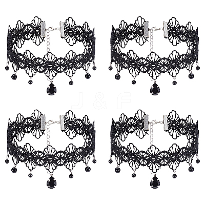 4Pcs Gothic Style Resin Flower Tassel Lace Choker Necklaces NJEW-UN0001-60-1