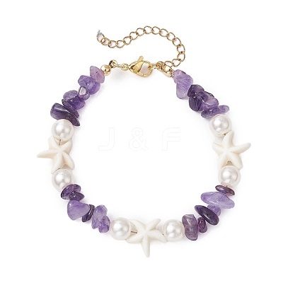 Starfish Synthetic Turquoise & Natural Amethyst Chip Beaded Bracelets for Women BJEW-JB11264-01-1
