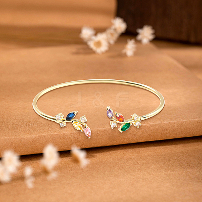 1Pc Elegant Brass Cubic Zirconia Leaf Cuff Bangles for Women BJEW-LP0003-33G-01-1
