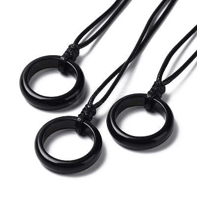 Natural Obsidian Ring Pendant Necklace with Waxed Cords NJEW-R262-01A-10-1