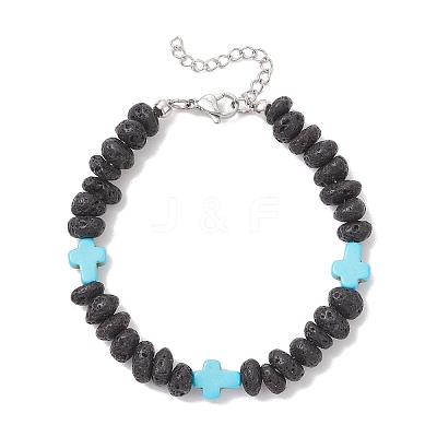 Synthetic Turquoise Cross & Natural Lava Rock Nuggets Beaded Bracelets BJEW-JB12193-02-1