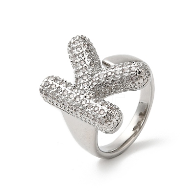 Letter Brass Micro Pave Clear Cubic Zirconia Open Cuff Ring for Women RJEW-N046-03K-P-1