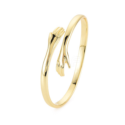 Brass Double Hands Hug Open Cuff Bangle for Women BJEW-S141-018-1