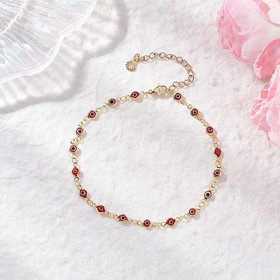 Handmade Evil Eye Lampwork Brass Link Chain Anklets for Women AJEW-AN00715-02-1