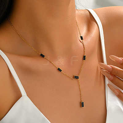 Stainless Steel & Black Rectangle Block Y-shaped Tassel Necklaces for Daily and Formal Wear UV0910-1