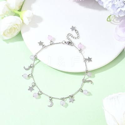 3Pcs 3 Colors 201 Stainless Steel Moon Star & Natural Dyed Malaysia Jade Round Charm Brass Bar Link Chain Anklets AJEW-AN00732-1
