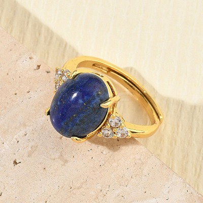 Brass Micro Pave Cubic Zirconia with Natural Lapis Lazuli Cuff Open Rings RJEW-T035-01G-B-1