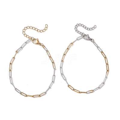2Pcs 304 Stainless Steel Two Tone Paperclip Chains Bracelets for Women BJEW-JB12741-1