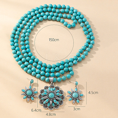 Flower Synthetic Turquoise with Alloy Pendant Necklaces & Stud Dangle Earrings Sets WG550B3-01-1