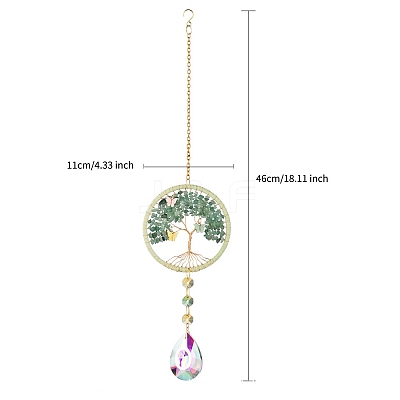 Tree of Life Hanging Crystal Prisms Suncatcher with Natural Green Aventurine Chips PW-WG18722-02-1