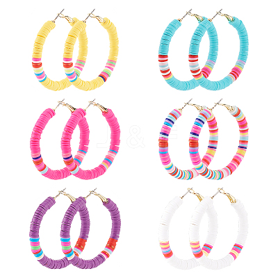 6 Pairs 6 Colors Polymer Clay Heishi Surfer Beaded Hoop Earrings EJEW-AN0002-23-1