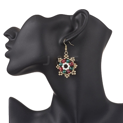 Christmas Brass Glass Bead Snowflake Dangle Earrings EJEW-TA00754-1