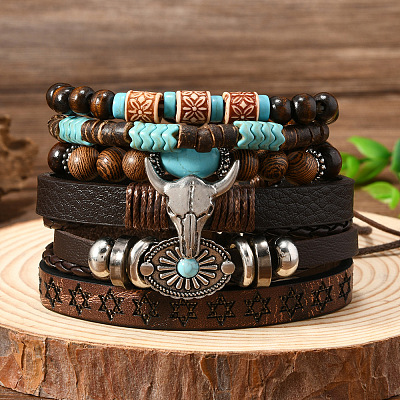 6Pcs 6 Styles Zinc Alloy and Wood Beads Coconut Shell Artificial Leather Cord Braided Bracelets & Stretch Bracelets Sets FS-WG2D370-01-1
