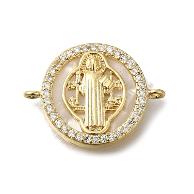 Brass Micro Pave Clear Cubic Zirconia Flat Round Saint Benedict Connector Charms X-KK-R002-29G-1