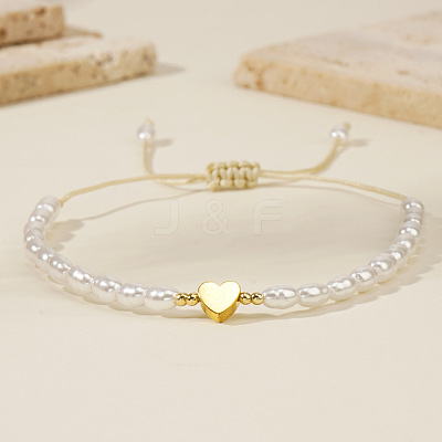 Bohemian Imitation Pearl Bead Braided Bead Bracelets for Women. with Non-magnetic Hematite Heart Charm RI6613-1