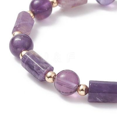 Natural Amethyst Column & Round Stretch Bracelet for Women BJEW-JB09351-01-1