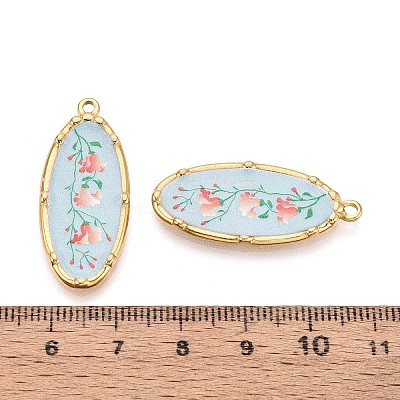 Printed Style 304 Stainless Steel Oval with Flower Pattern Pendants STAS-T071-27D-G-1
