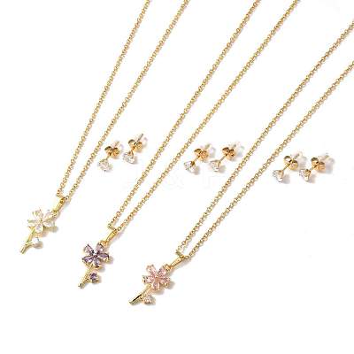 Cubic Zirconia Flower of Life Pendant Necklace & Diamond Stud Earrings SJEW-M099-01G-1