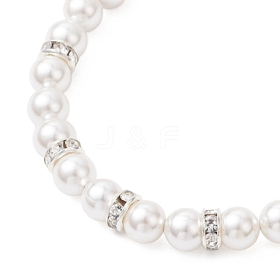 Round Shell Pearl & Brass Rhinestone Beaded Bracelet for Women BJEW-JB12871-1